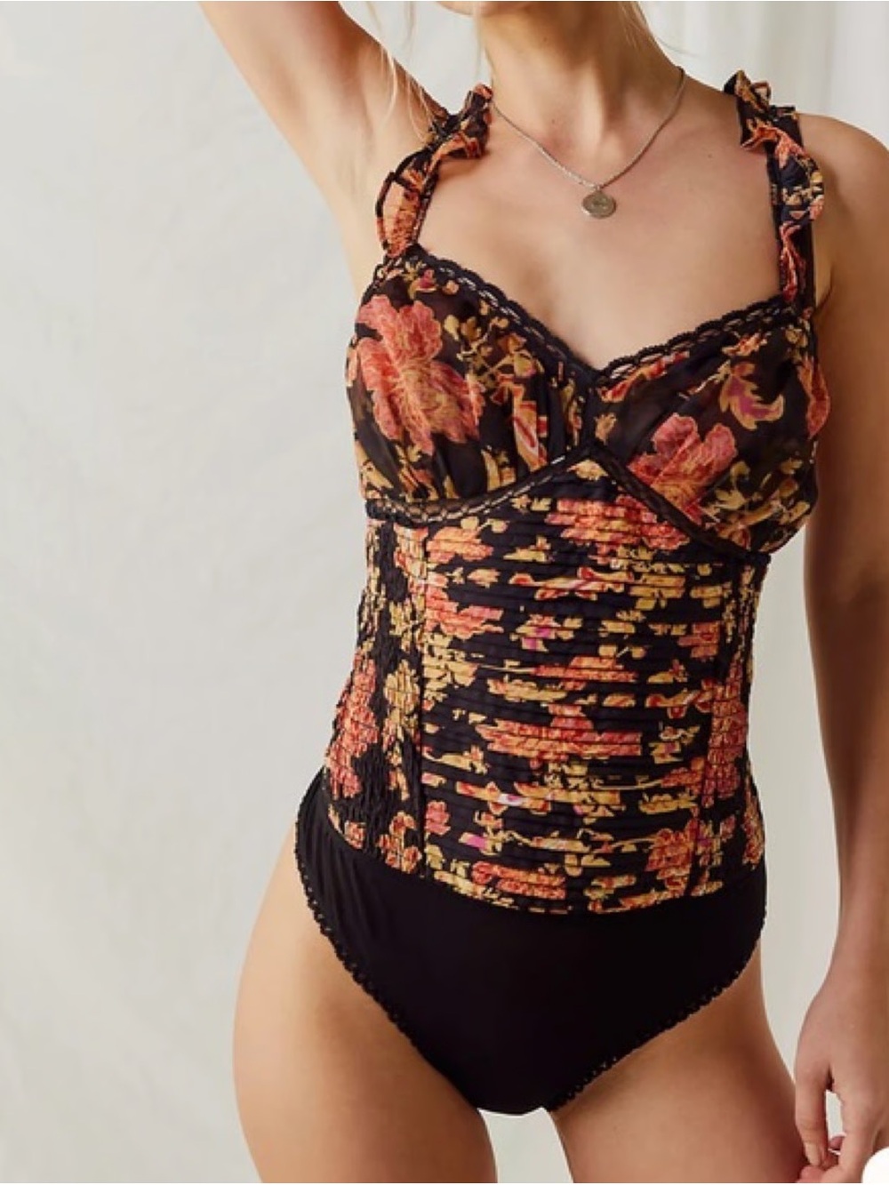 Free People Weekend Plans Bodysuit S Black Floral Smocked Ruffle Lace
